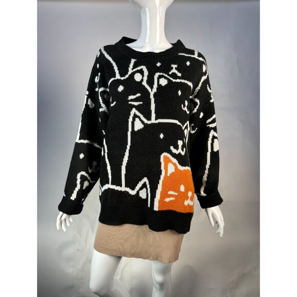 Zinv & Cdupe Vintage Large Cat Lady Black Cat Patterned Sweater Fabric Pilling - Picture 7 of 16